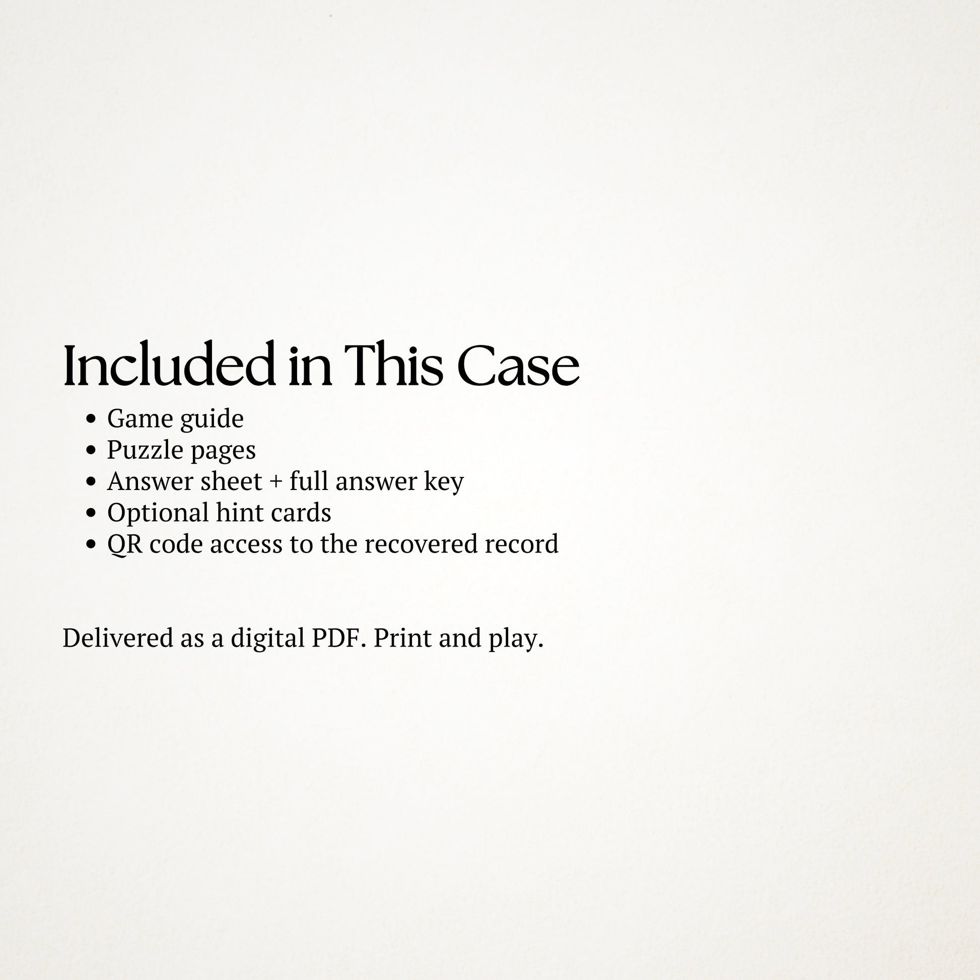 Text list of items included in a case on a white background