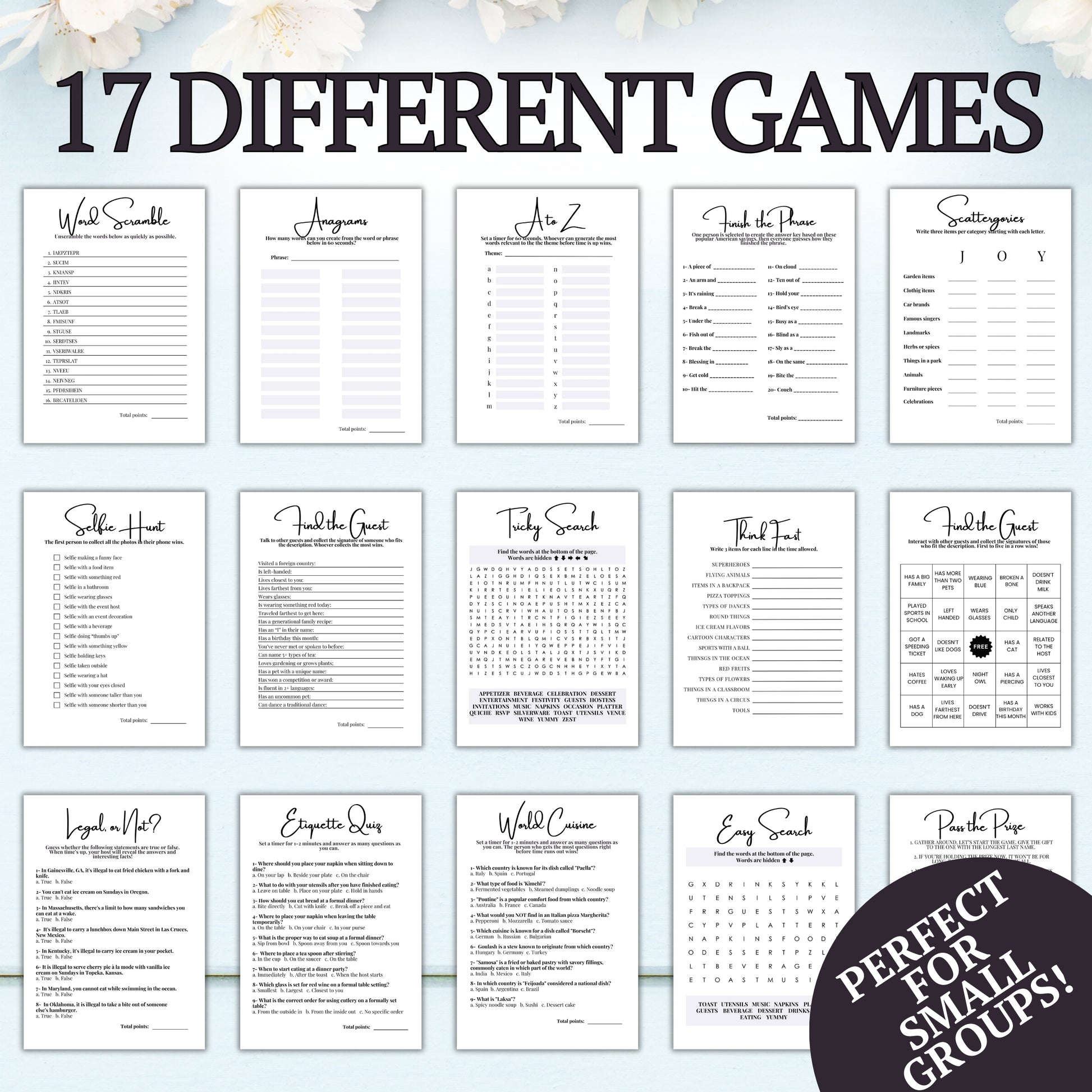 Collection of game cards with titles on a light blue background