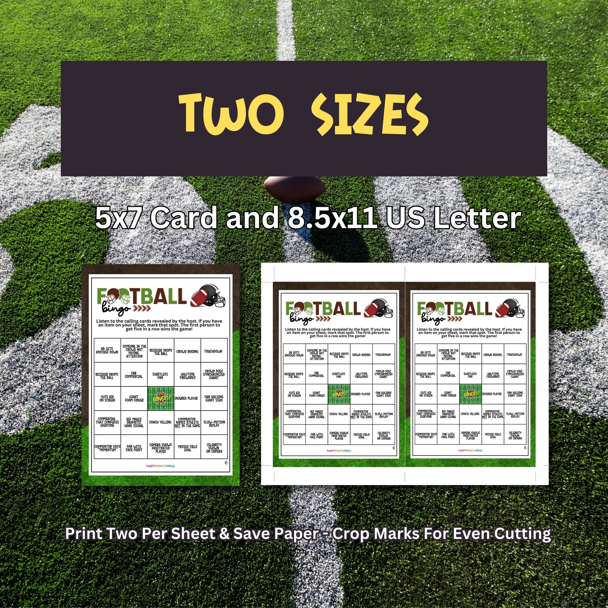 Two football-themed bingo cards on a grass field background with text about card sizes.