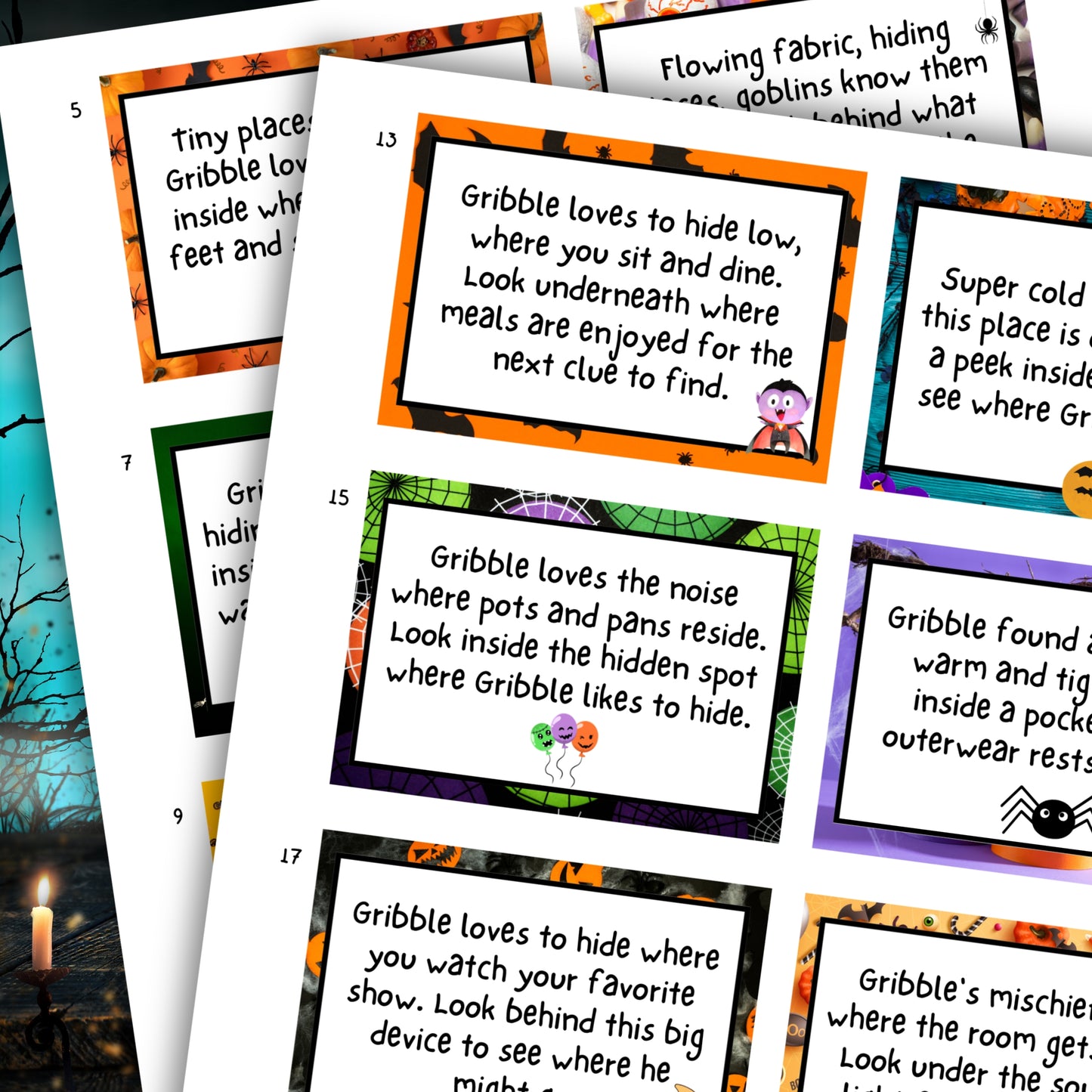 Whether you're hosting a Halloween party, a fundraiser event, or need a classroom resource for teachers, this Halloween Scavenger Hunt is just what you need.  Designed with tweens in mind, younger children can also join in on the fun with some assistance. This interactive game leads players on a thrilling adventure to catch the mischievous, Greedy Goblin named Gribble, who has stolen a bag of magical candies. Players solve spooky riddles to uncover hidden clues and reclaim the stolen treasure.