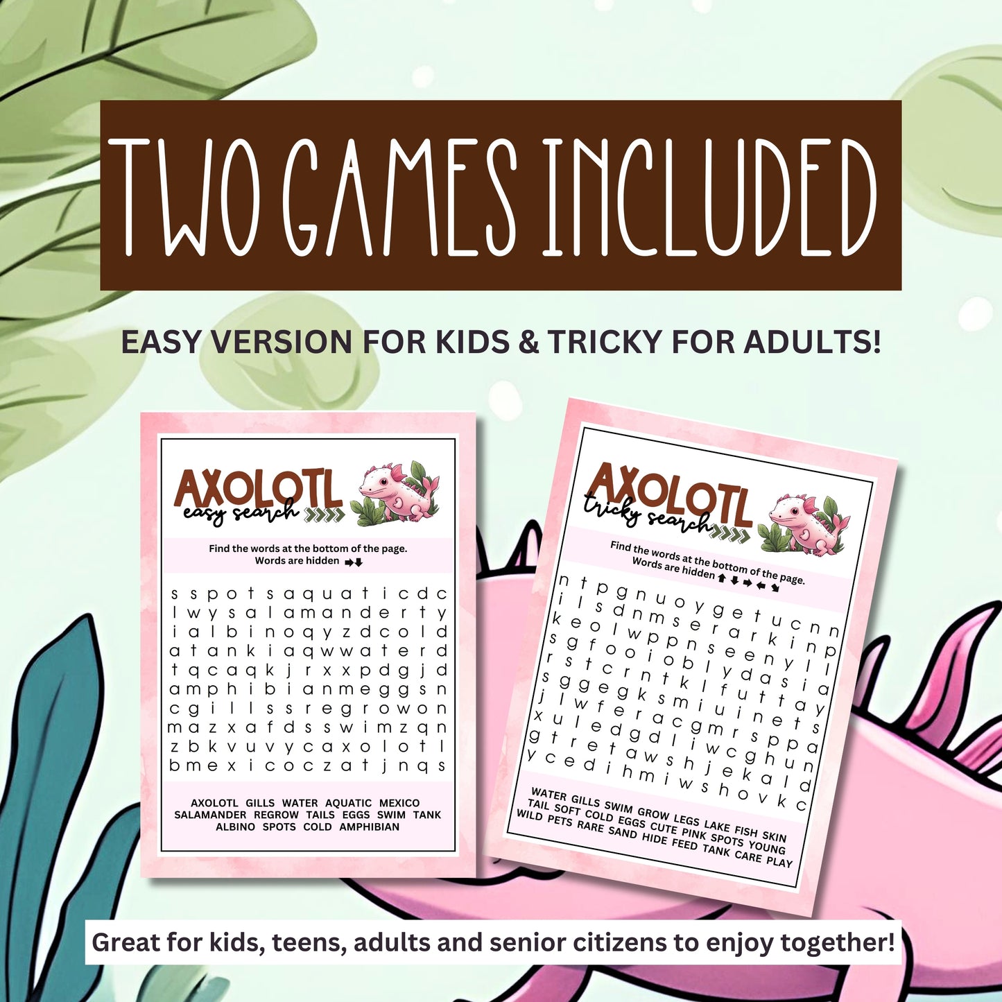 Dive into the fascinating world of axolotls with this specially designed dual-word search pack, perfect for enthusiasts of all ages at your next gathering!