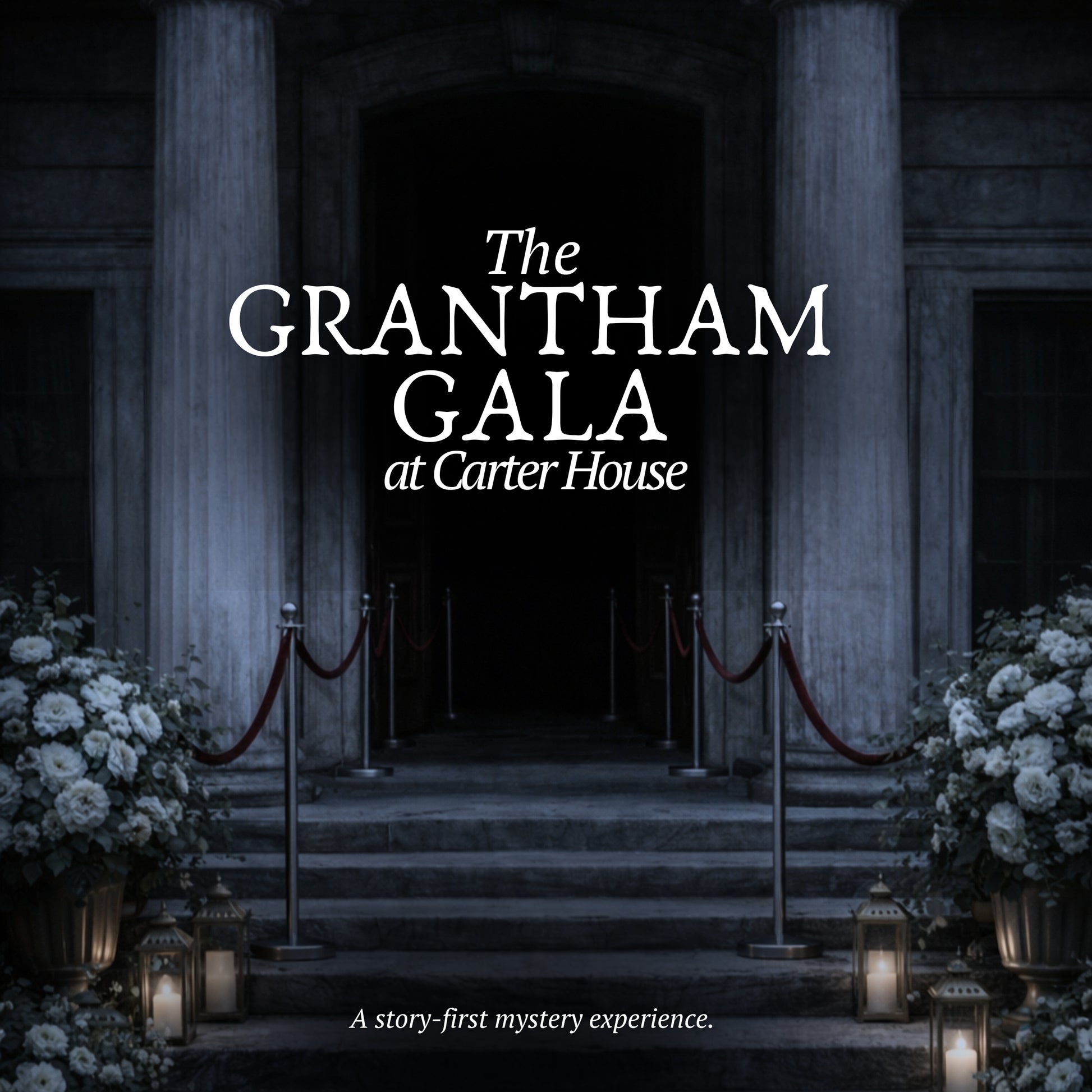 Entrance to Carter House with 'The Grantham Gala' text and floral arrangements.