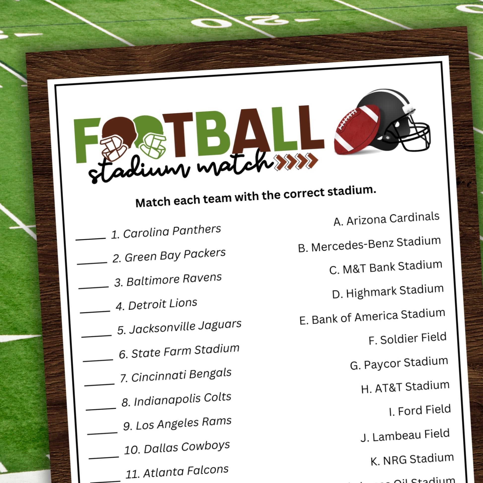 Football stadium match game sheet on a green field background
