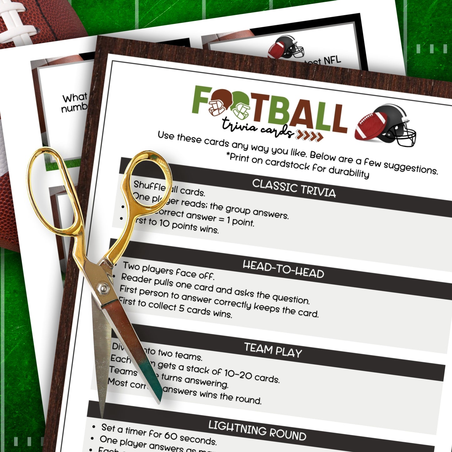 Football trivia cards with game instructions and a pair of scissors on a green background