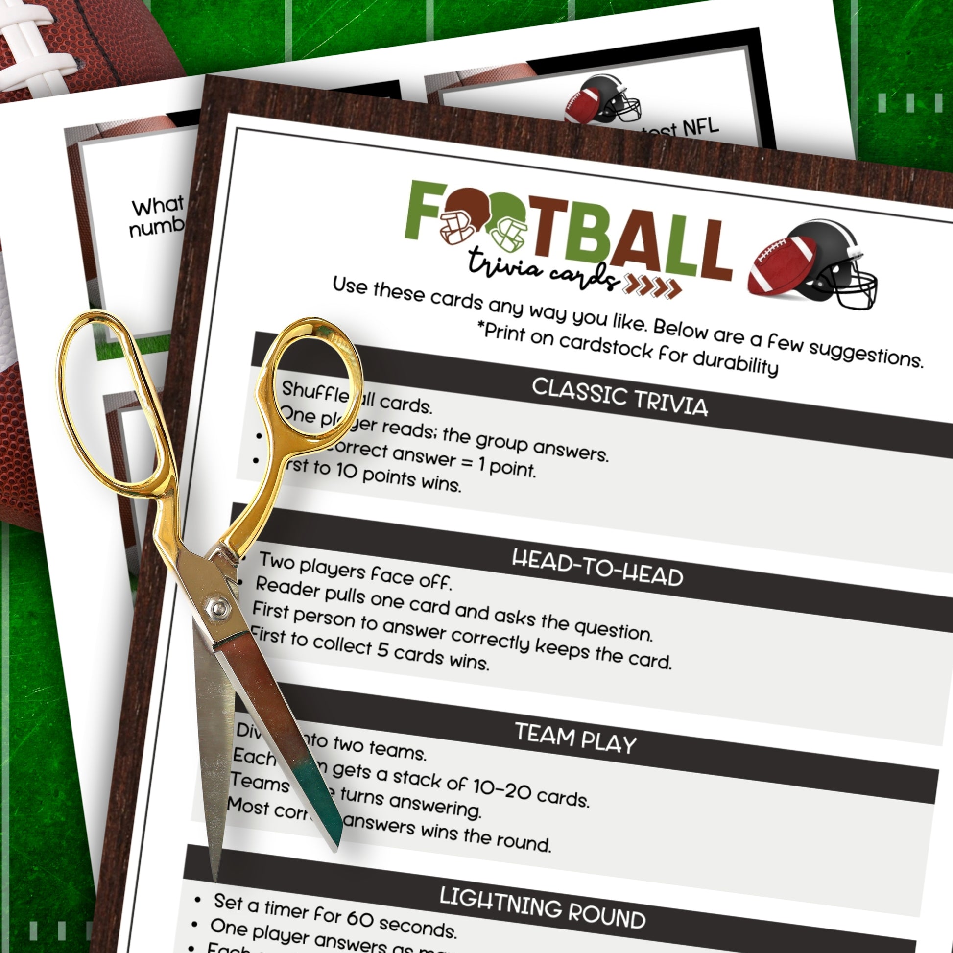 Football trivia cards with game instructions and a pair of scissors on a green background