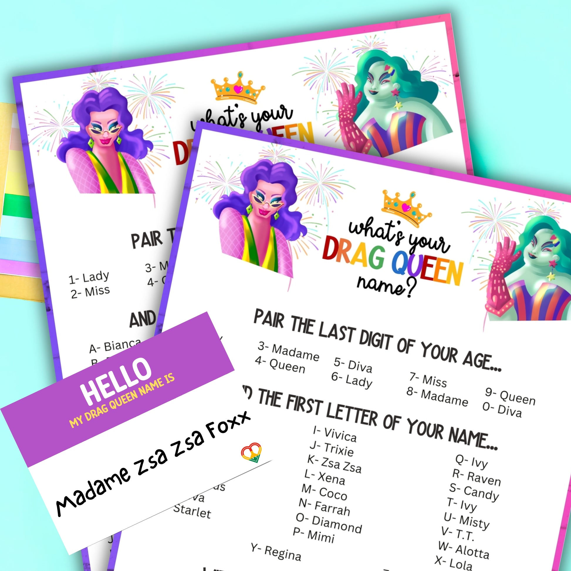 What's Your Drag Queen Name Game Generator With Name Tags For LGBT Pride Party Or Parade With Queer Gay Lesbian Trans Bi Asexual Adults