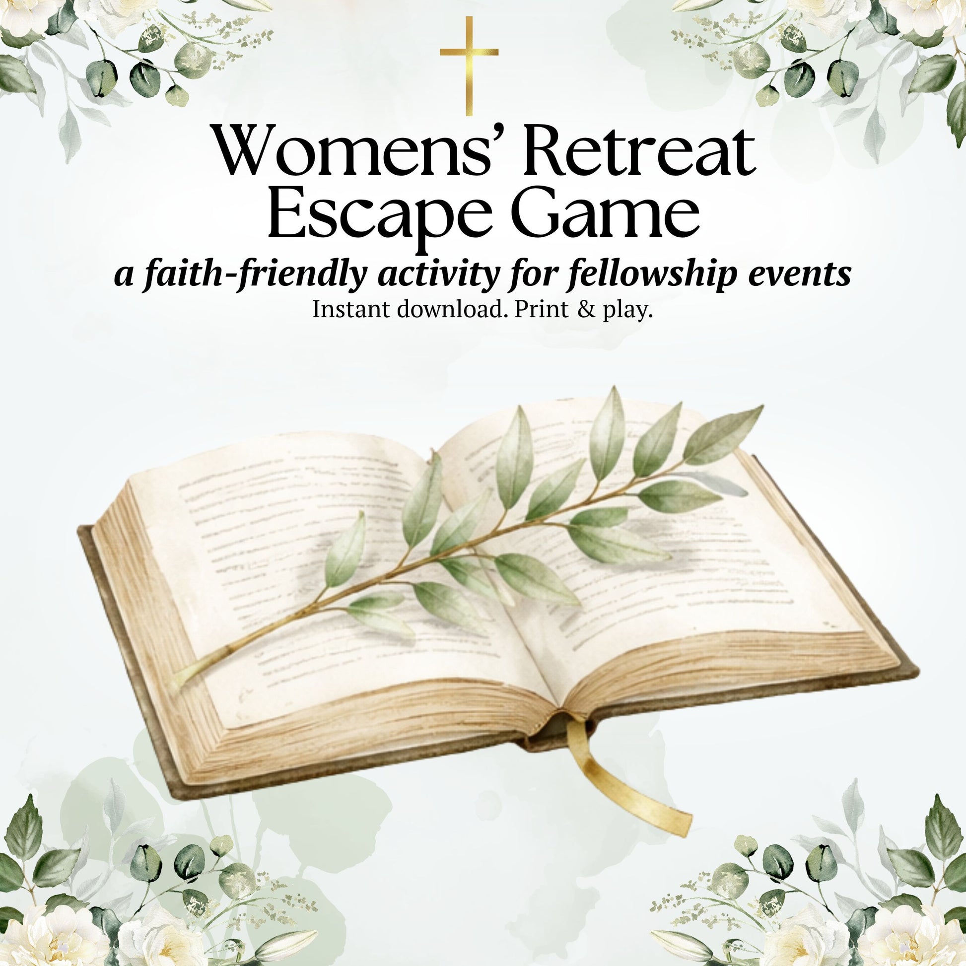 Open book with green leaves on a white background, promoting a faith-friendly women's retreat escape game.