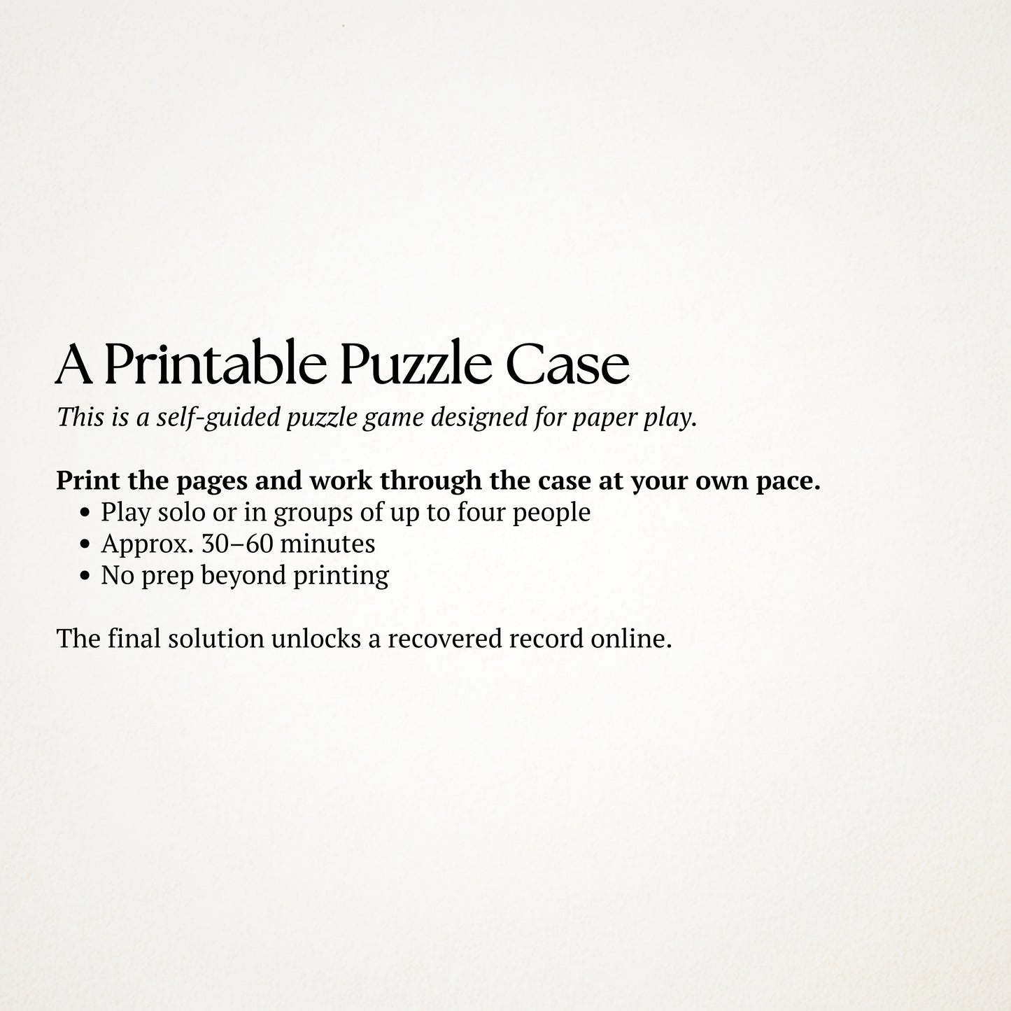 Text description of a printable puzzle case on a white background
