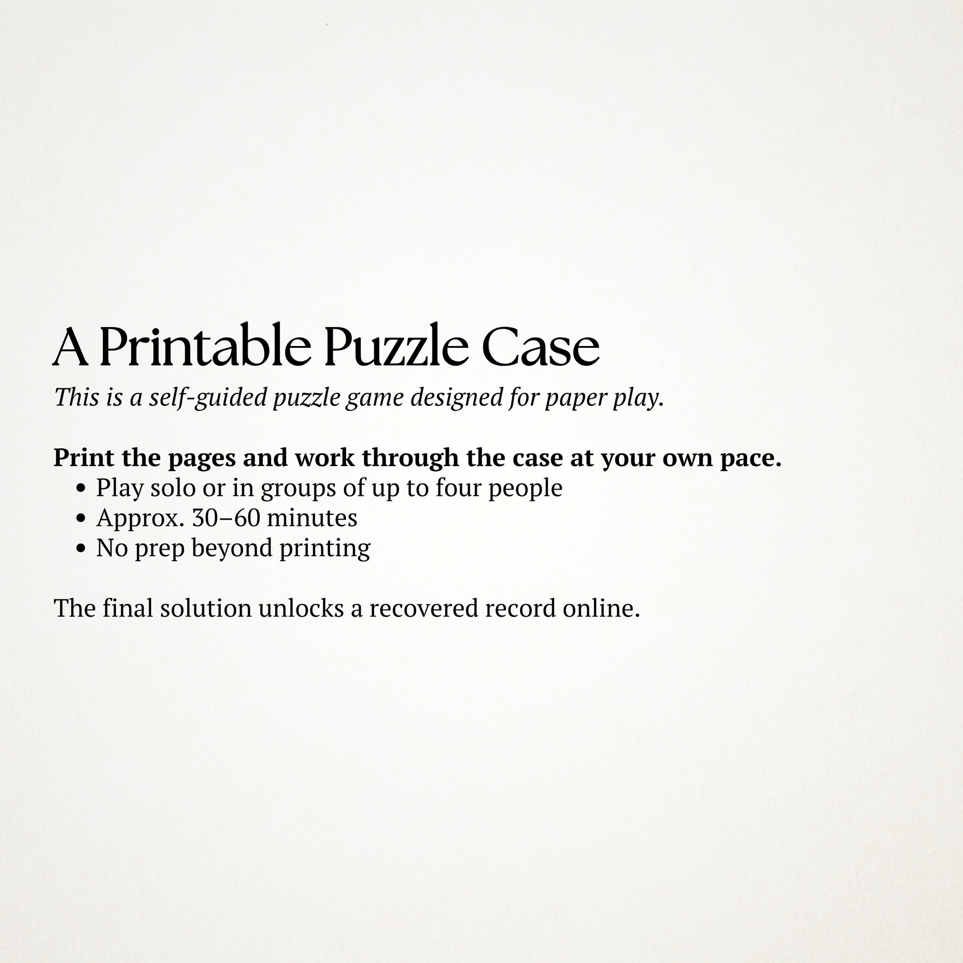 Text description of a printable puzzle case on a white background