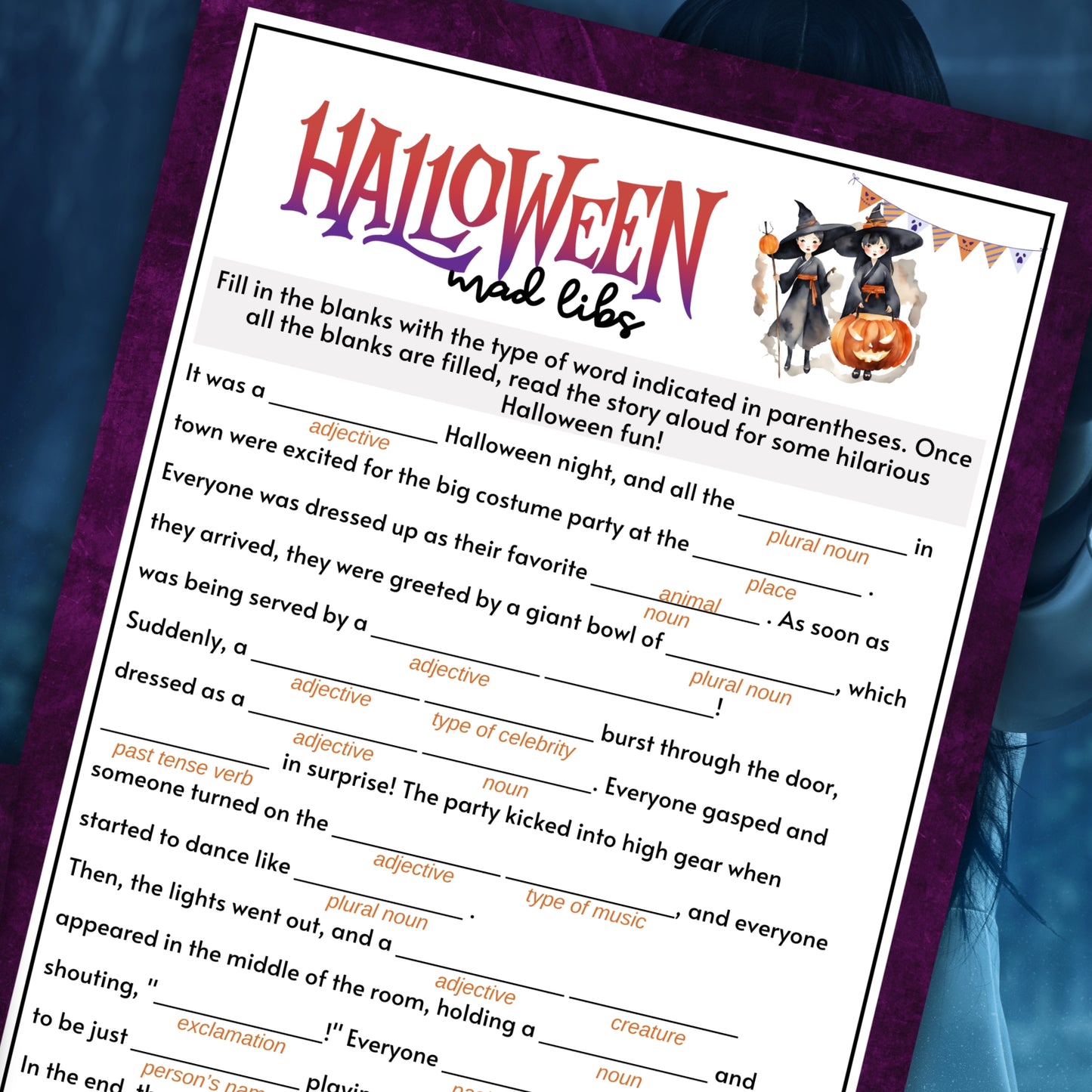 Unleash your creativity and tickle your funny bone with the Halloween Mad Libs Story Game! Perfect for all ages, this game lets you and your guests craft hilarious and spooky stories that are sure to be a hit at any Halloween party.