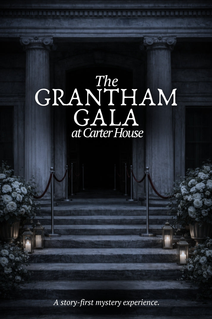 Staircase leading to a grand entrance with 'The Grantham Gala at Carter House' text.