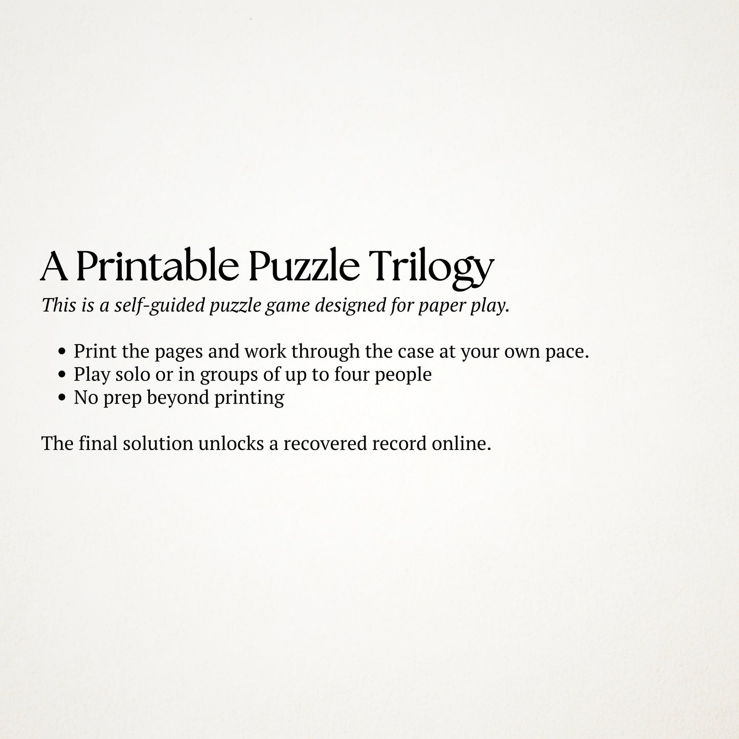 Text description of a printable puzzle trilogy on a white background