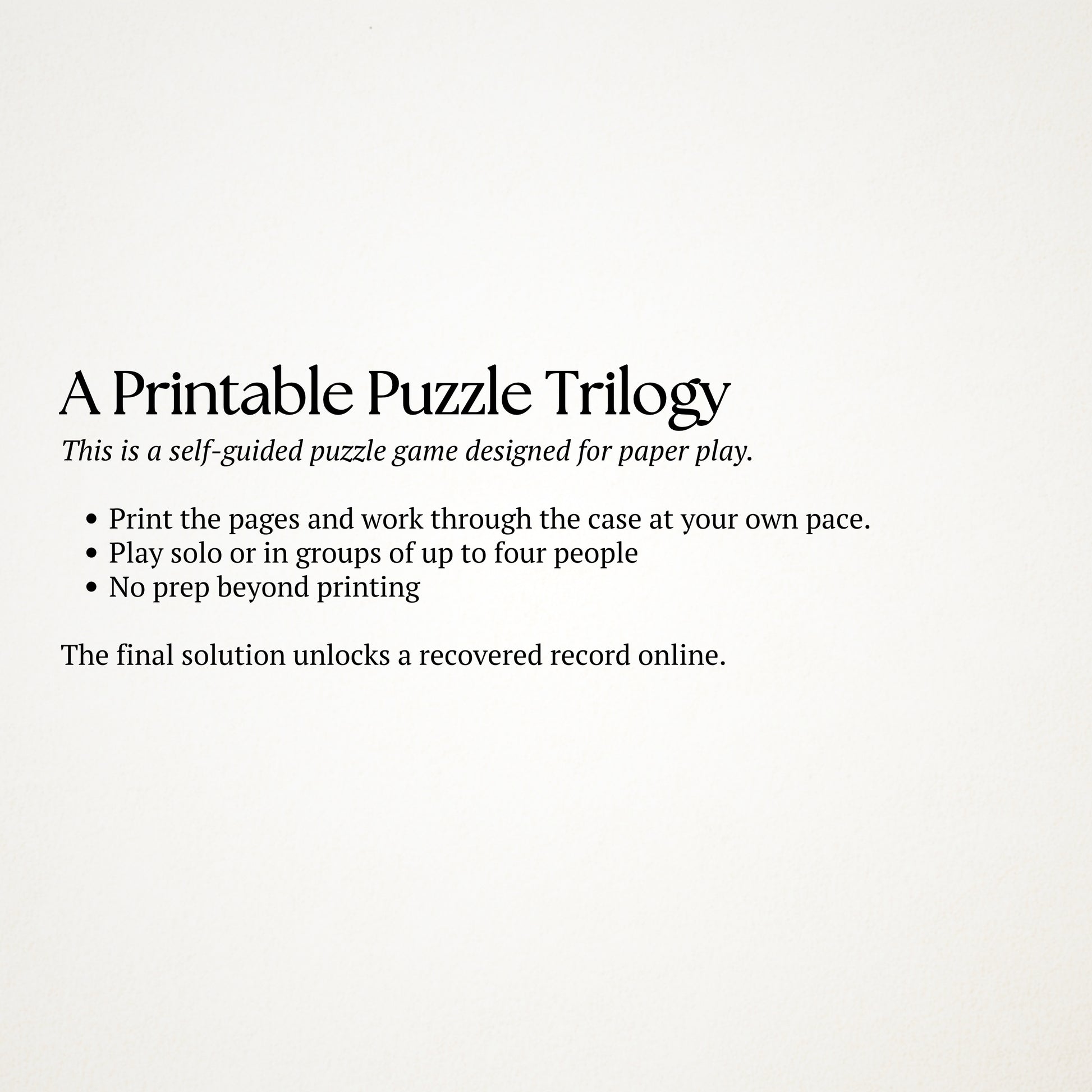 Text description of a printable puzzle trilogy on a white background