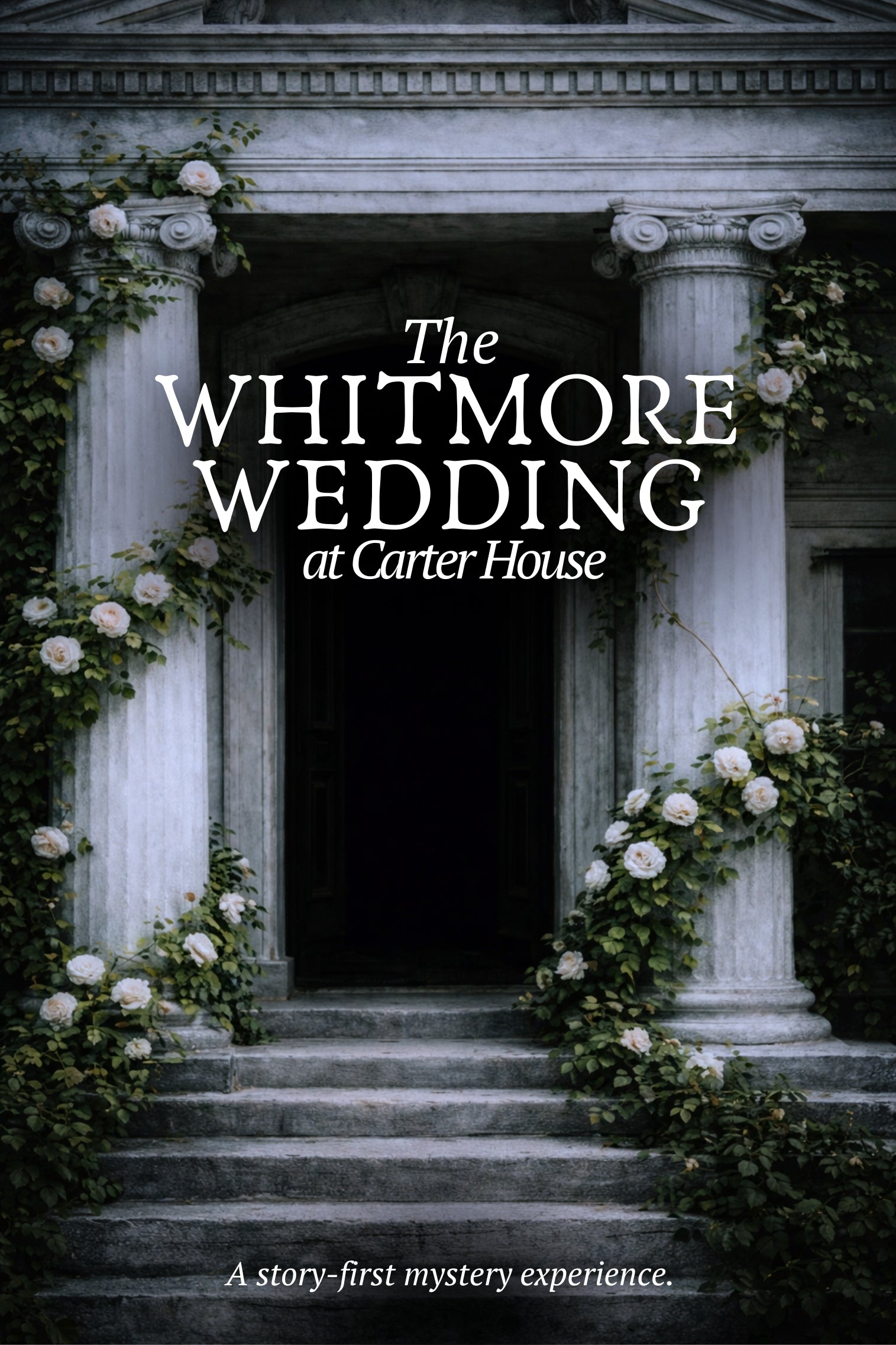 Decorative entrance with floral arrangements and text about 'The Whitmore Wedding at Carter House'.