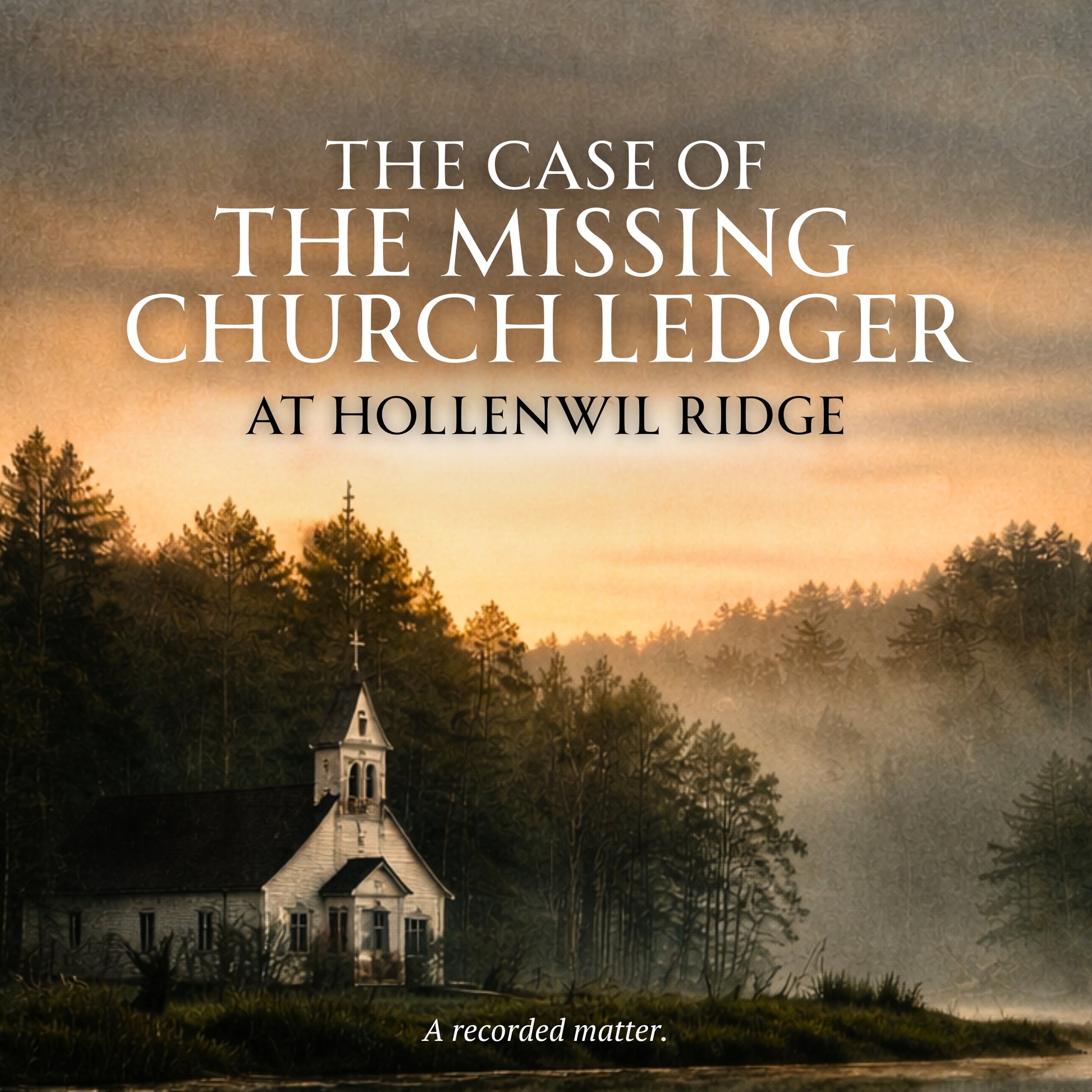 Vintage-style image of a church in a forest with text overlay about 'The Case of the Missing Church Ledger at Hollenwil Ridge'.