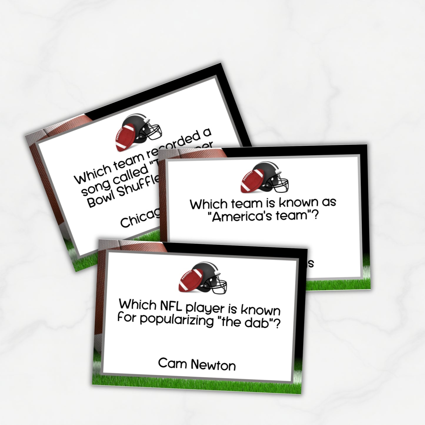 Three football trivia cards on a white background