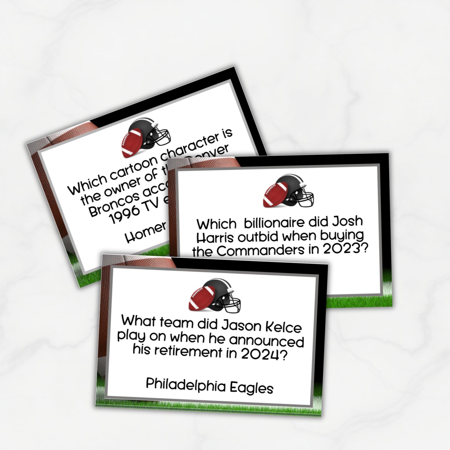 Three football trivia cards on a white background