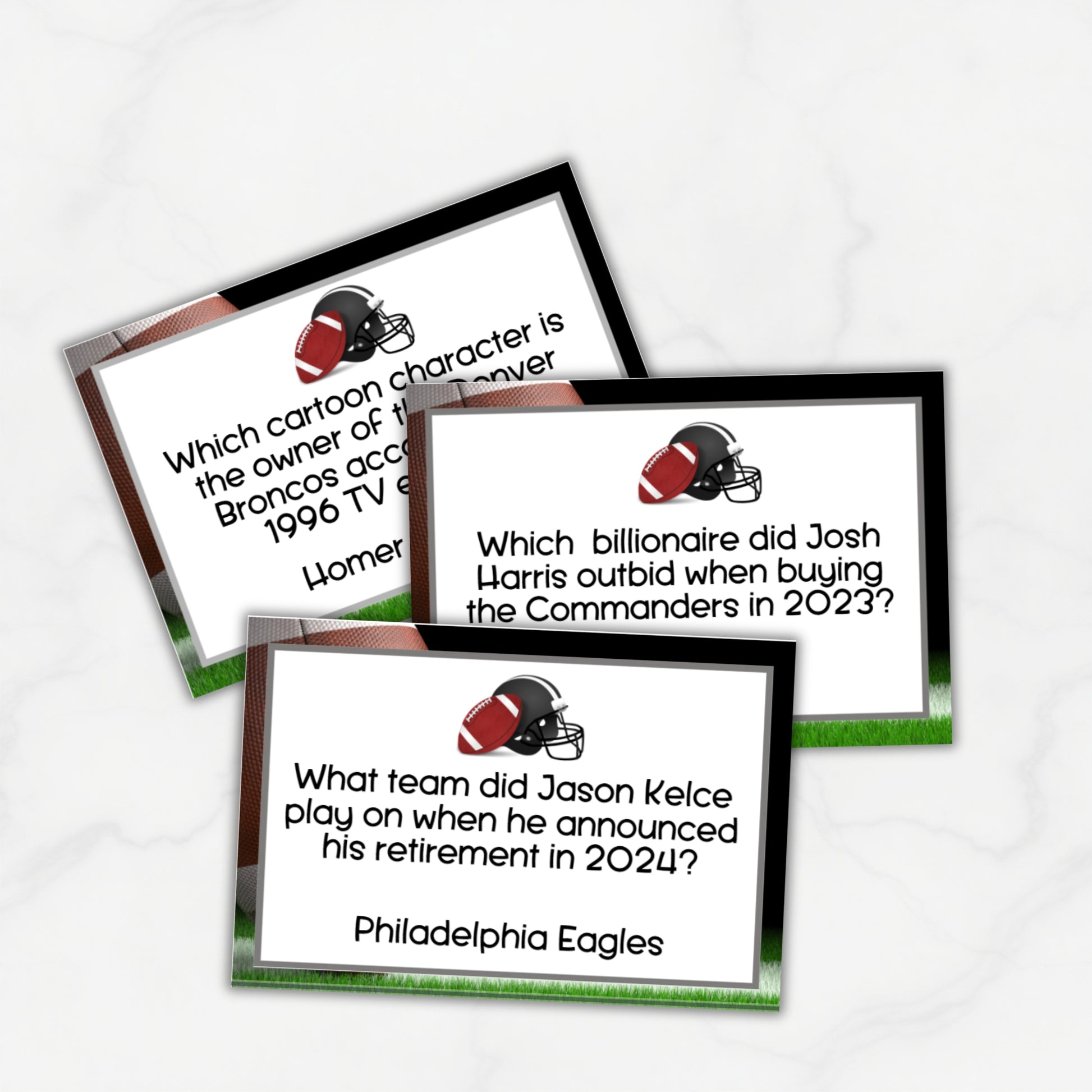 Three football trivia cards on a white background