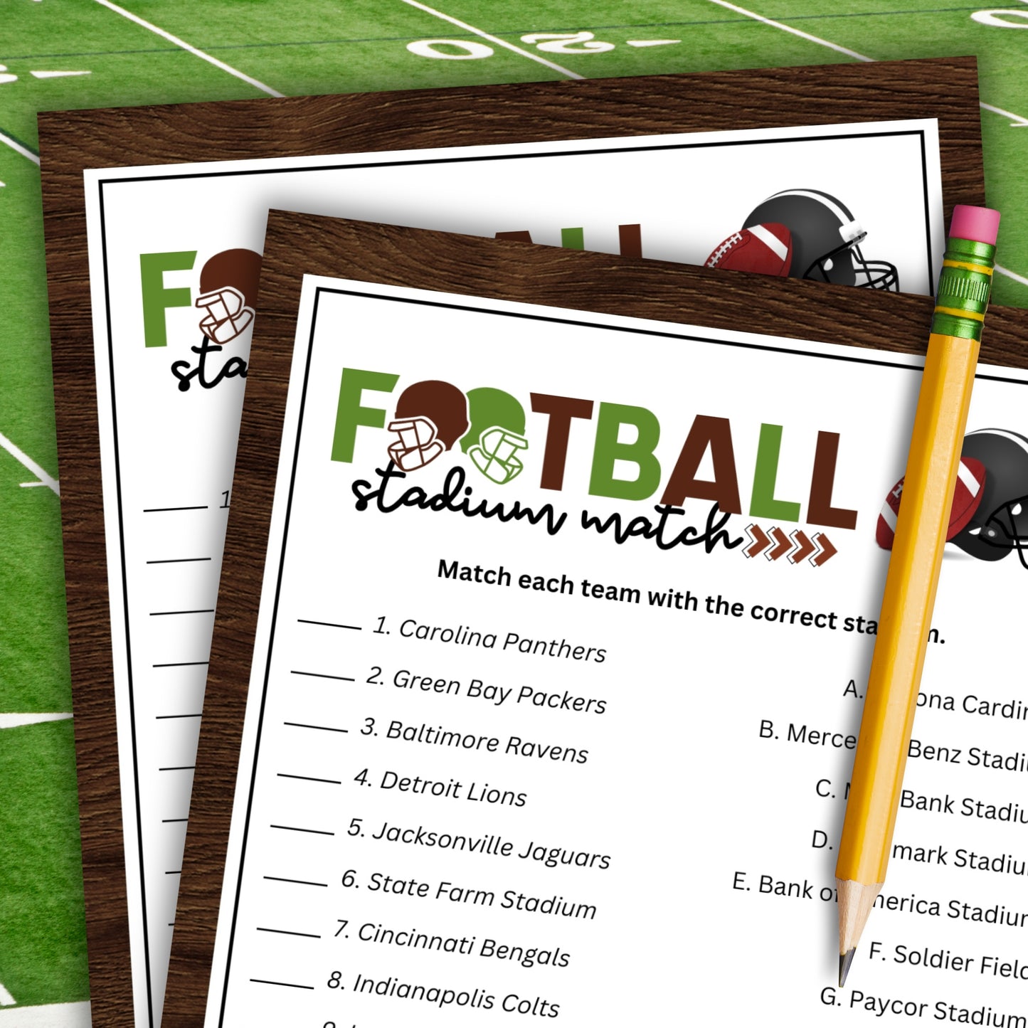 Two sheets of paper with a football-themed matching game on a green field background.