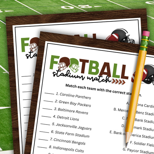 Two sheets of paper with a football-themed matching game on a green field background.