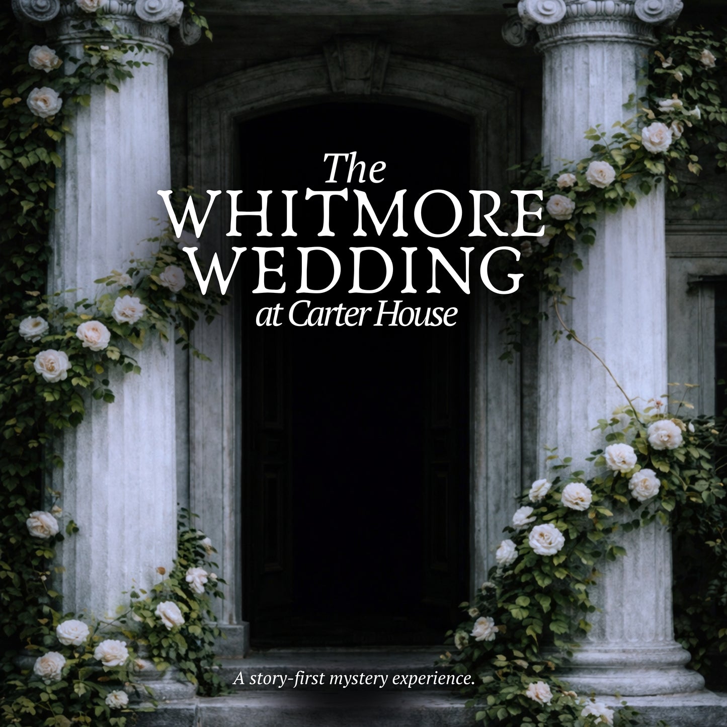 Decorative entrance with floral arrangements and text for 'The Whitmore Wedding at Carter House'.