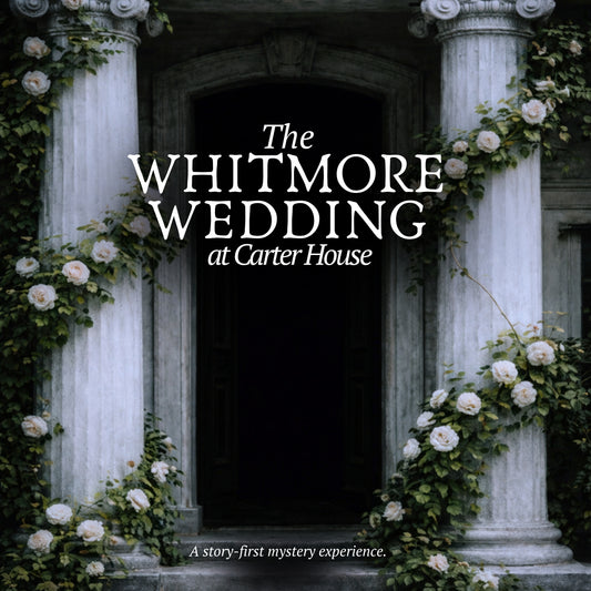 Decorative entrance with floral arrangements and text for 'The Whitmore Wedding at Carter House'.