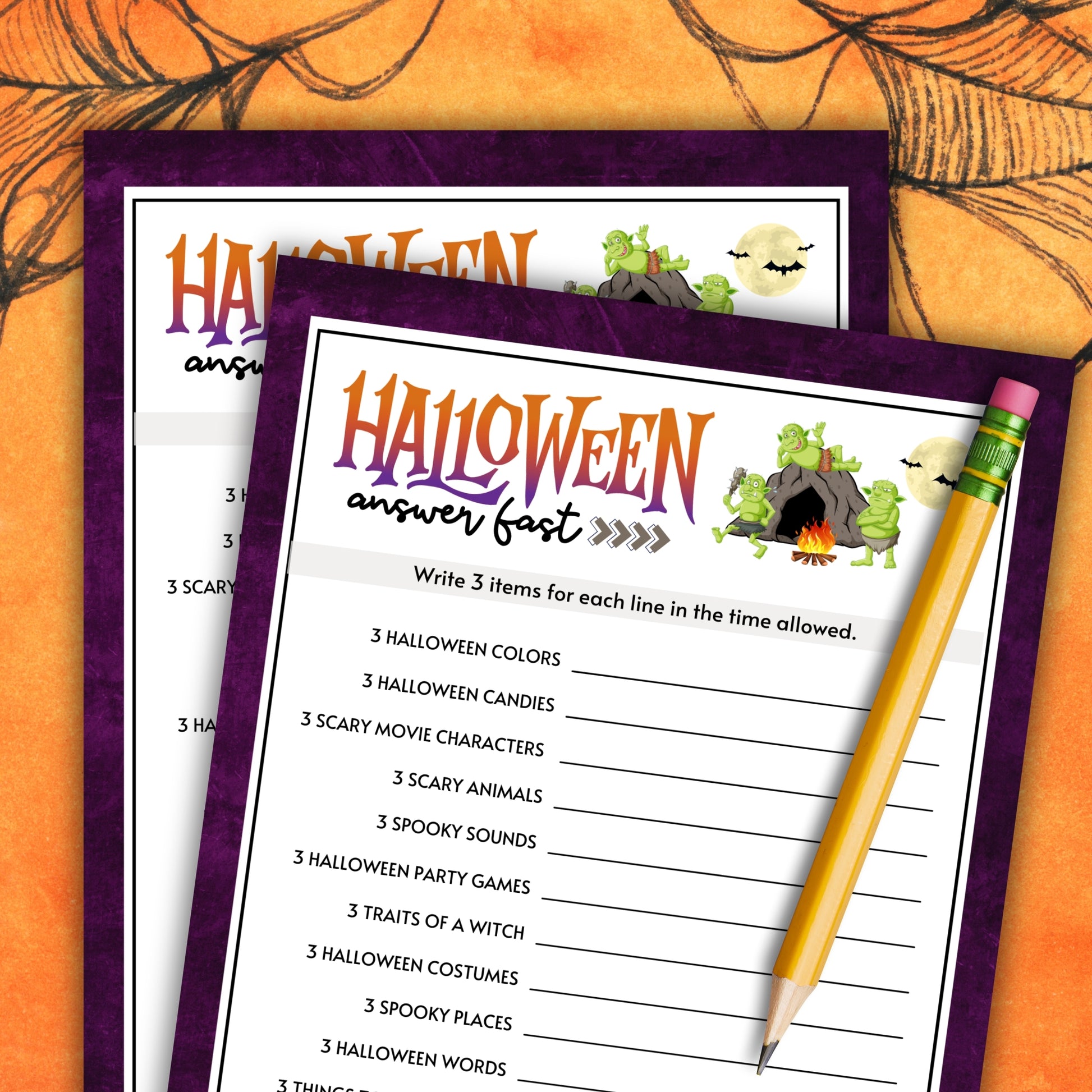 Get ready for a fun and fast-paced game that's all about Halloween! Answer Fast (Think Quick) is a lively and engaging printable game perfect for parties, family gatherings, and any event where you want to add a thrilling vibe.&nbsp;