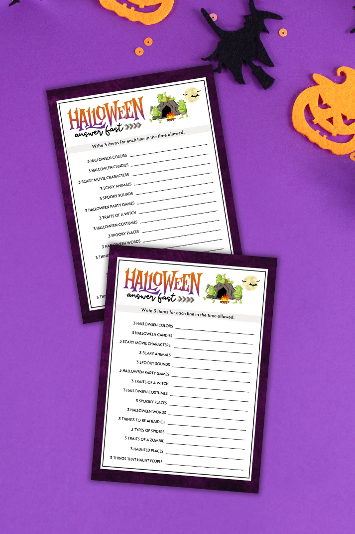 Get ready for a fun and fast-paced game that's all about Halloween! Answer Fast (Think Quick) is a lively and engaging printable game perfect for parties, family gatherings, and any event where you want to add a thrilling vibe.&nbsp;