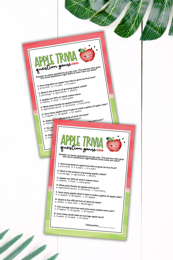 Are you seeking a fun and engaging activity to celebrate National Apple Day or another apple-themed celebration or event?  This simple trivia game from Party Prints Press is just what you need!