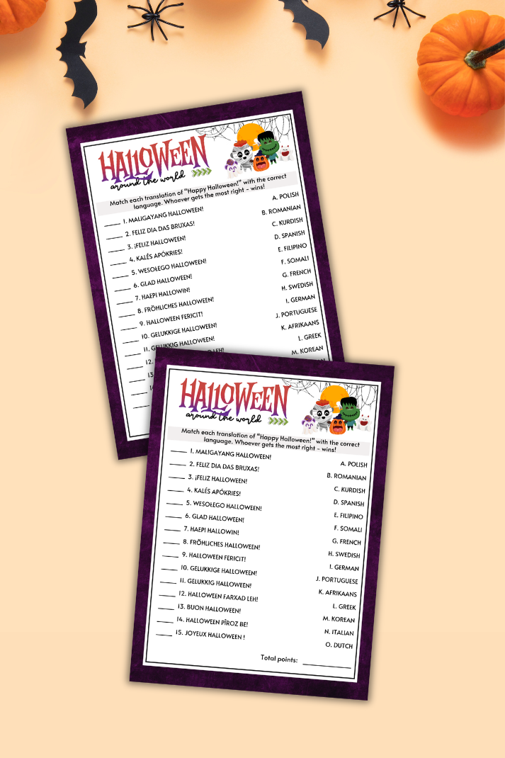 Make your Halloween party unforgettable with this cute language translation game from Party Prints Press!

In "Around The World", guests match the foreign language translation of the given phrase with the correct answer on the right.