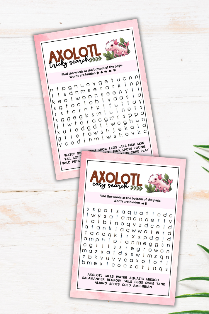 Dive into the fascinating world of axolotls with this specially designed dual-word search pack, perfect for enthusiasts of all ages at your next gathering!