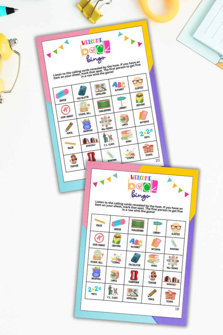 Welcome Back To School Bingo Game - Fun Activity To Start The New School Year!  Looking for a cute, colorful and fun activity for teachers, students and administrative alike? This adorable "Welcome Back To School" BINGO game from Party Prints Press is just what you need!&nbsp;
