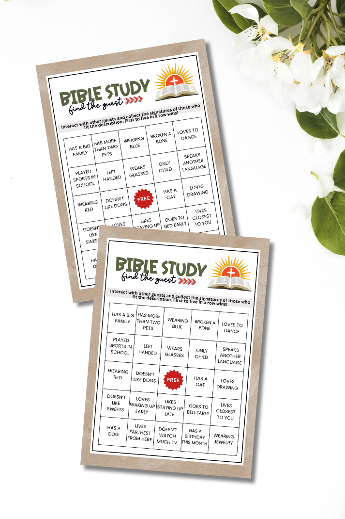 Created just for Christians who want to fellowship with others in their walk with God (and have fun, too!), this Bible Study Find The Guest BINGO card game is just what you've been looking for.