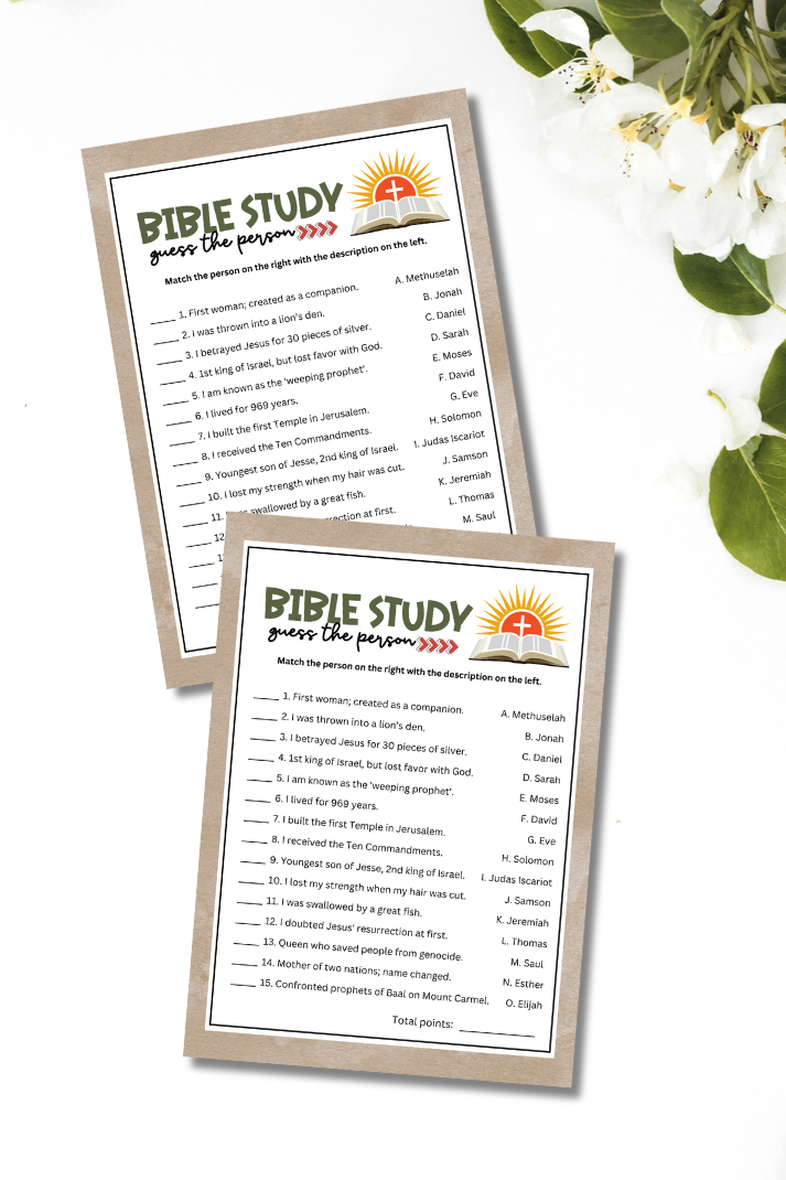 printable bible study who am i game sheets on a white floral background