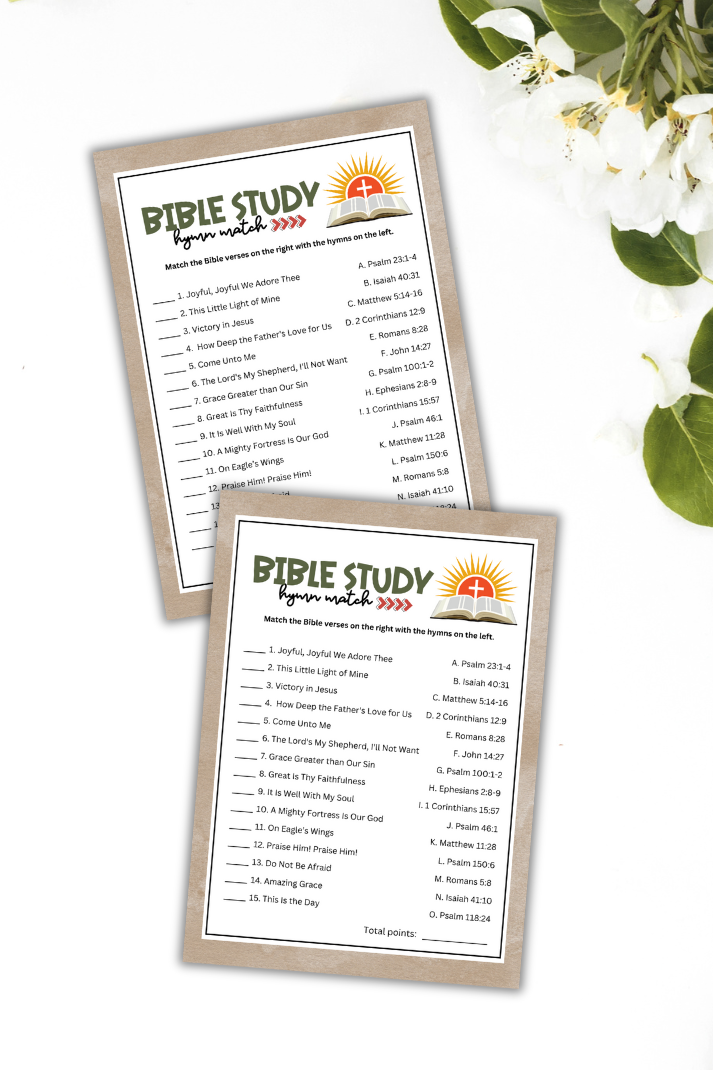 A long image of two printable Bible Hymn trivia sheets laying flat on a white surface with white flowers.