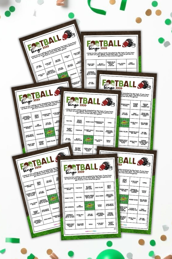 Multiple football bingo cards on a colorful confetti background