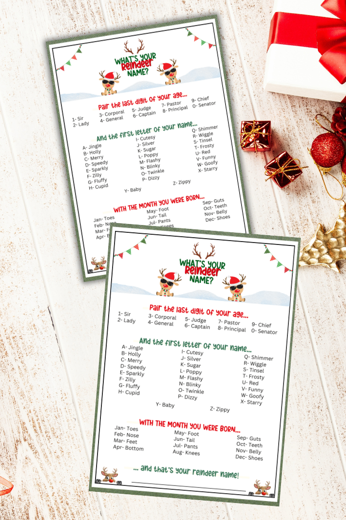 Whether you're hosting a Christmas party, setting up a fun activity for a holiday office party, or just looking to add a sprinkle of festive joy to any gathering, the "What's Your Reindeer Name?" game from Party Prints Press is the perfect addition to your holiday celebrations!  Ideal for Christmas enthusiasts of all ages, this printable activity is a breeze to play.  