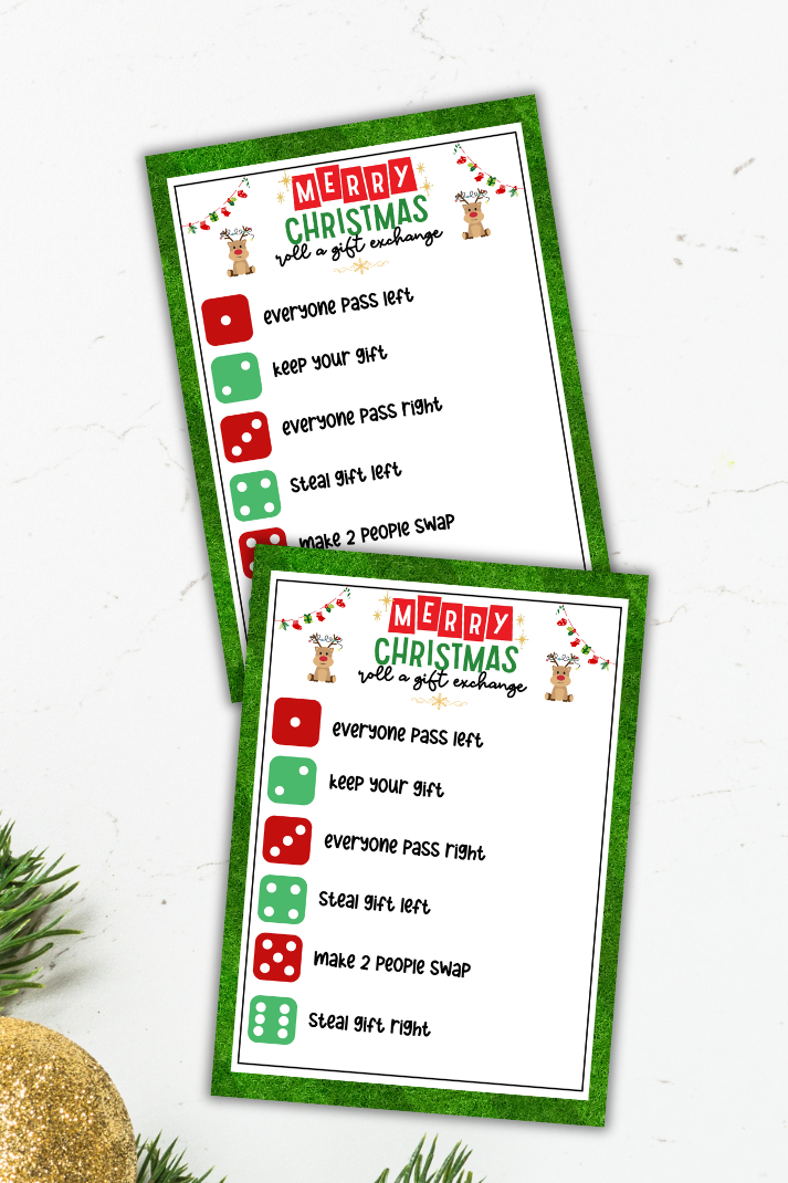 Merry Christmas Roll A Dice White Elephant Gift Exchange Game Printable worksheets overlaid on a light blue background