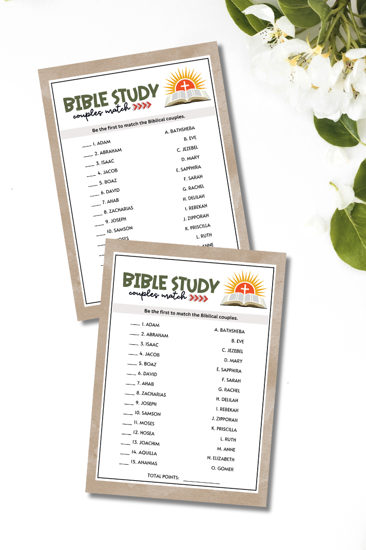 Looking for a fun game to play at your next Bible Study session, church fellowship meeting, ladies' luncheon, women's ministry retreat, or other faith-filled celebration?  This "Famous Couples In The Bible" trivia game from Party Prints Press is just what you need!