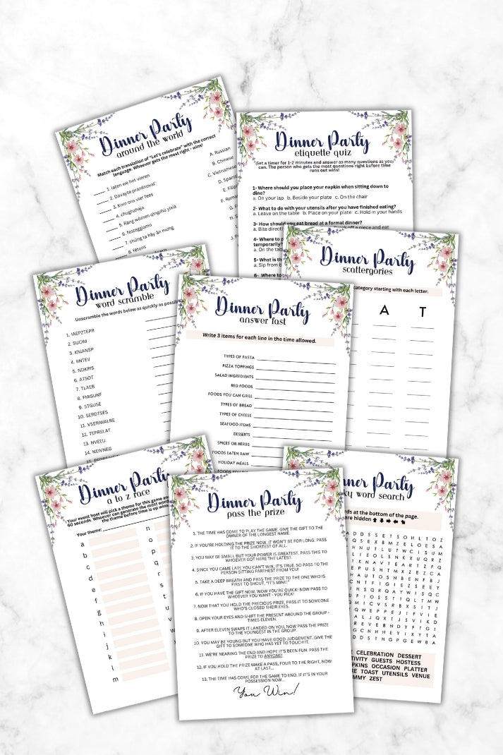 Set of dinner party questionnaires on a marble surface