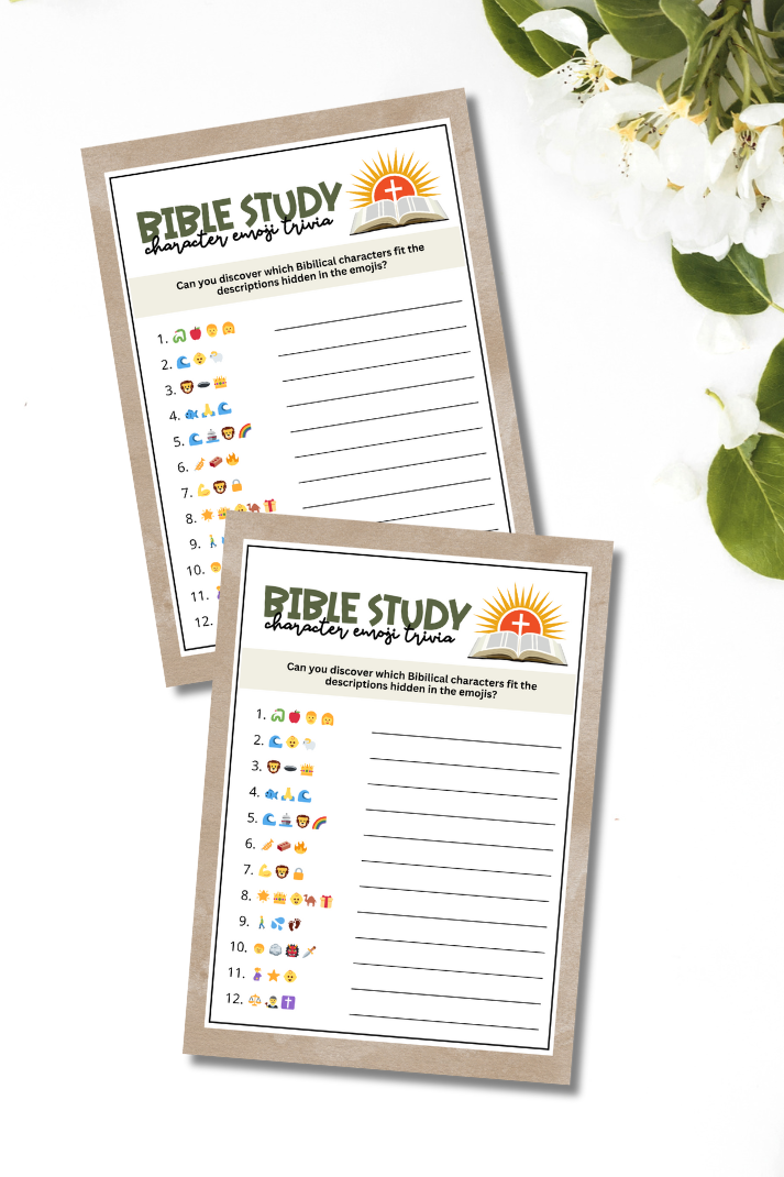 printable bible study character emoji trivia games on a white floral background