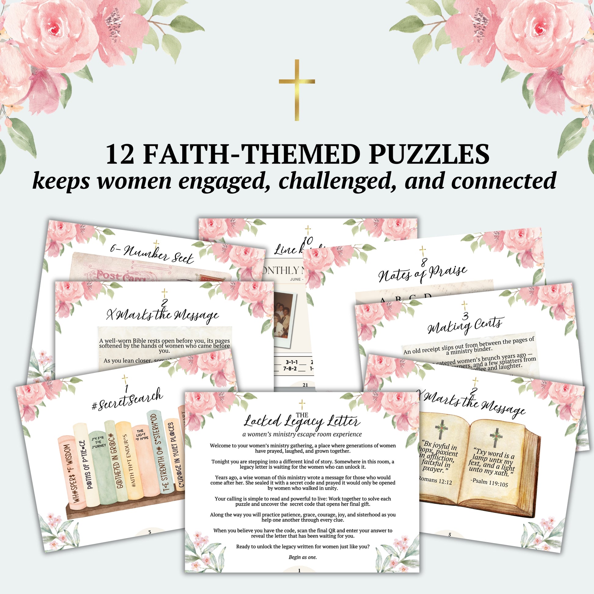 Set of faith-themed puzzles with floral designs on a white background