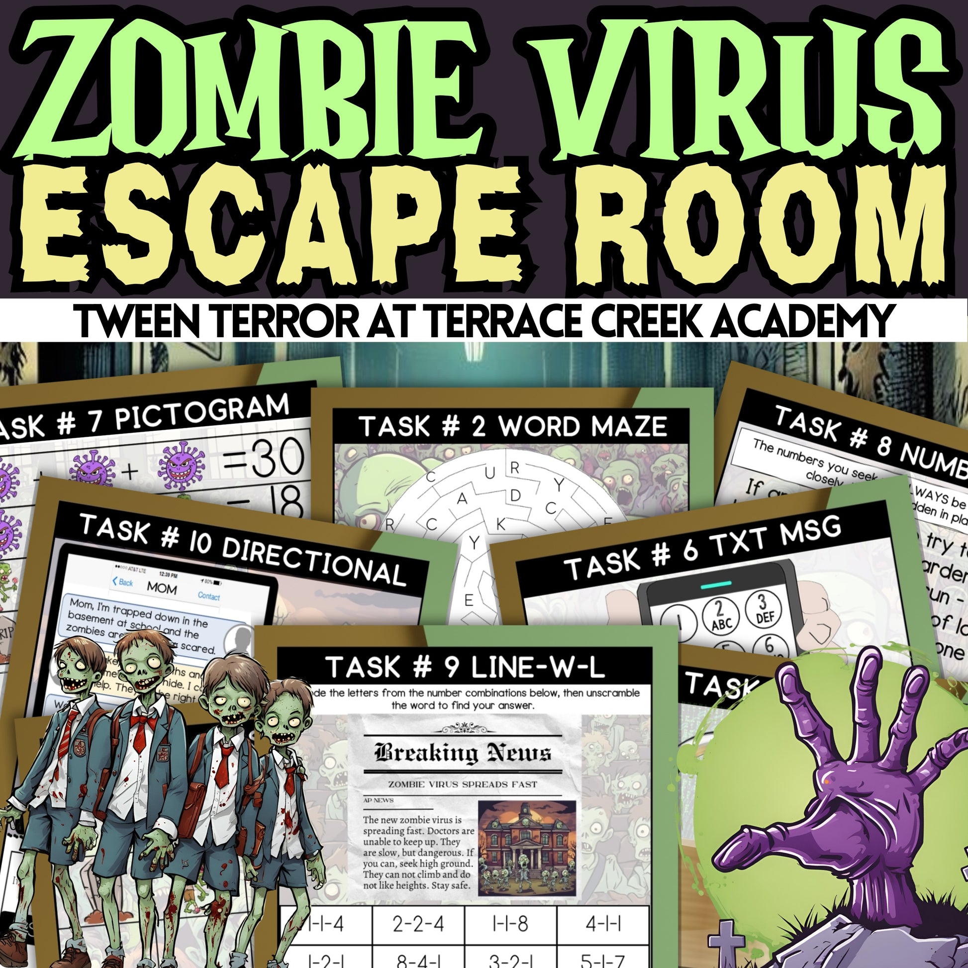 Zombie Escape Room For Tweens Age 10-14 - This printable zombie virus escape room is perfect for Halloween or your kid's Zombie-Themed birthday party! No materials needed means it's a no-fuss, stress-free experience for you! Print, play, enjoy.