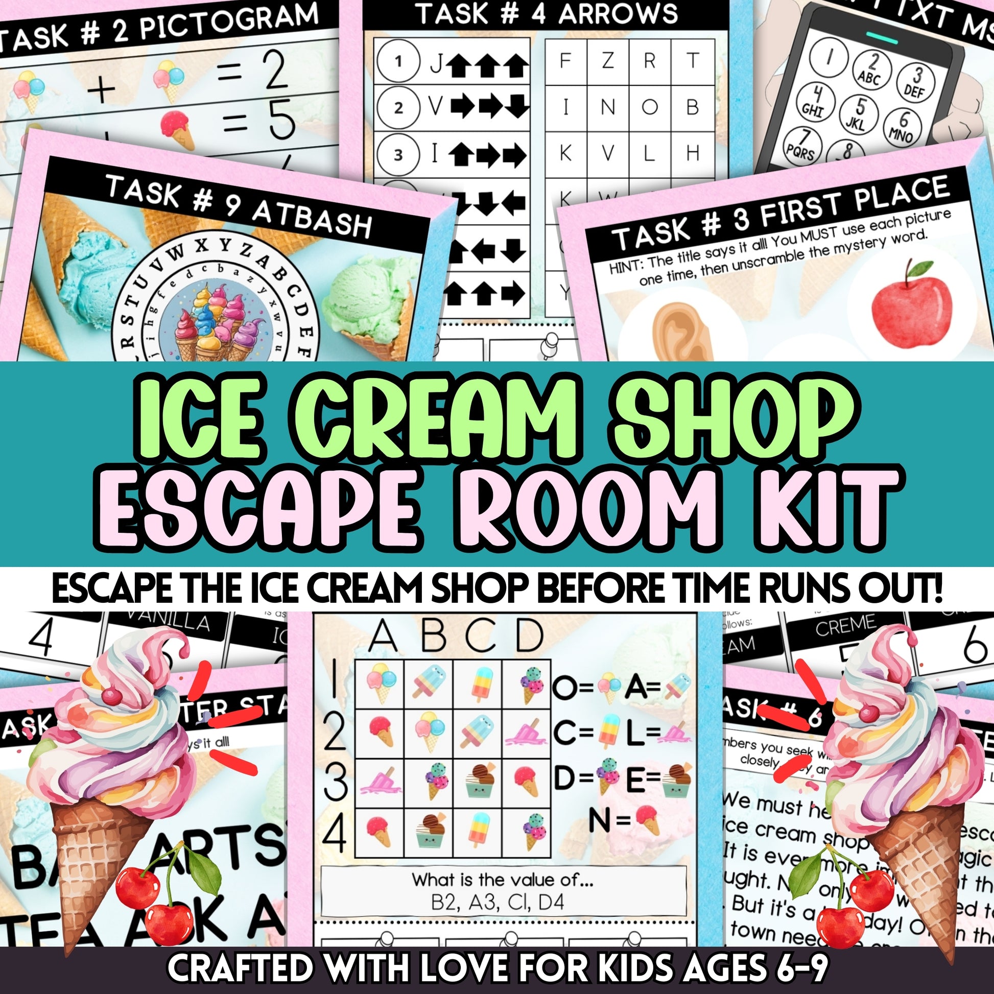 Escape the Mundane With The New Ice Cream Heroes Adventure! (9 Puzzle-Escape Room)  Specially designed for children aged 6-9, this printable escape room game transforms any space into the delightful Scoopville’s Ice Cream Parlor, home to the whimsical Ice Cream Heroes!