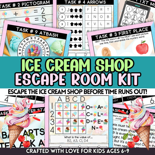 Escape the Mundane With The New Ice Cream Heroes Adventure! (9 Puzzle-Escape Room)  Specially designed for children aged 6-9, this printable escape room game transforms any space into the delightful Scoopville’s Ice Cream Parlor, home to the whimsical Ice Cream Heroes!