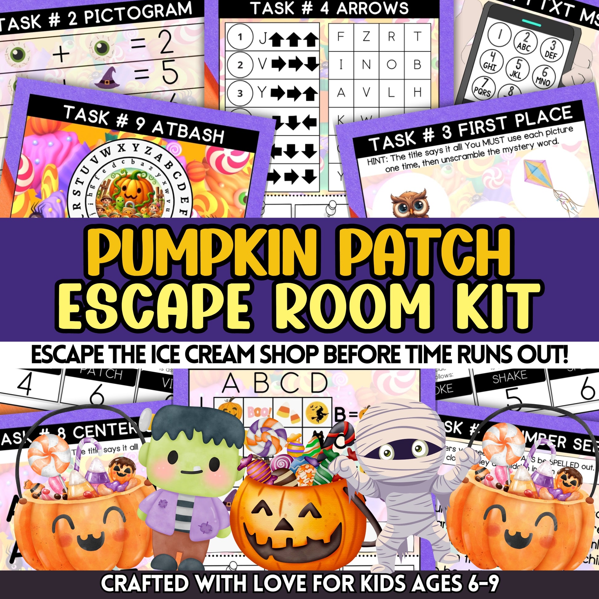 Escape the Mundane With The New Pumpkin Patch Adventure! (9 Puzzle-Escape Room)  Specially designed for children aged 6-9, this printable escape room game transforms any space into the enchanting Sunnyvale Pumpkin Patch, home to the mysterious Great Pumpkin!