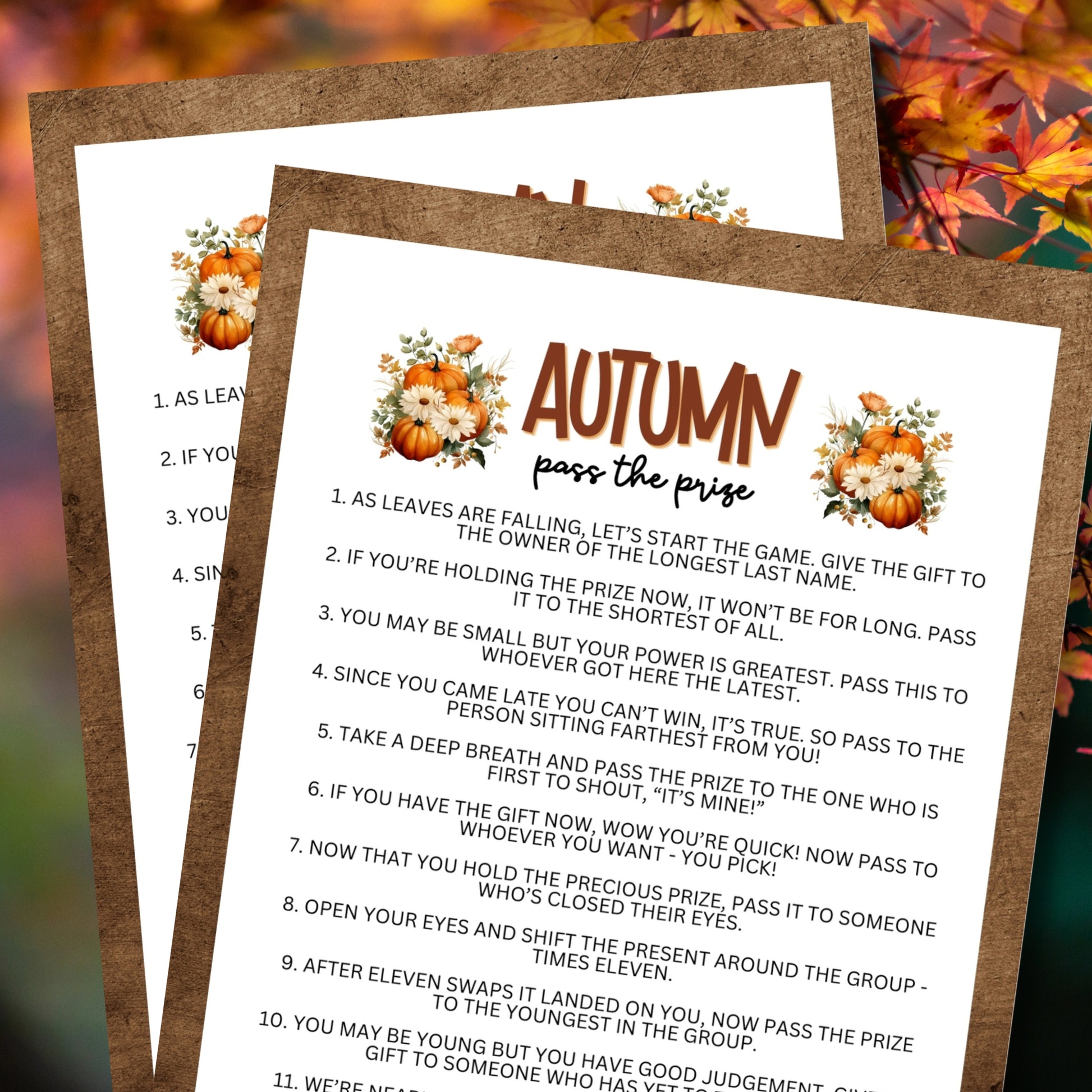 Are you seeking a fun and engaging activity to celebrate the cooler fall and autumn months? Whether you've got kids, teens, adults, and even seniors in your gathering or group, this fun Pass The Prize game from Party Prints Press is just what you need! This game is a simple poem that you can read aloud to participants or print out a copy for each to read along!