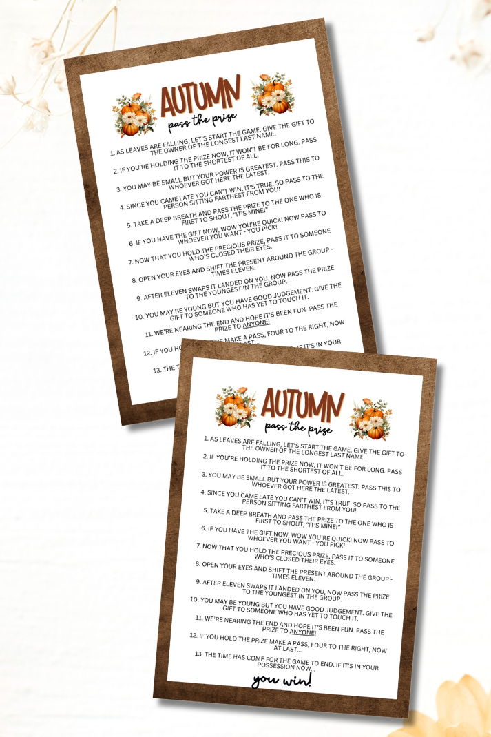 Are you seeking a fun and engaging activity to celebrate the cooler fall and autumn months?  Whether you've got kids, teens, adults, and even seniors in your gathering or group, this fun Pass The Prize game from Party Prints Press is just what you need!  This game is a simple poem that you can read aloud to participants or print out a copy for each to read along!