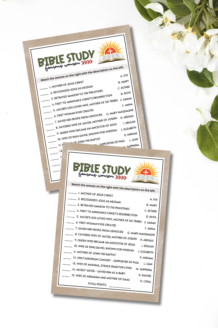 Looking for a captivating and educational game for your Sunday School or Bible Study group?  Whether you're engaging kids, teens, adults, or seniors, this "Famous Women In The Bible" trivia game from Party Prints Press is just what you need!