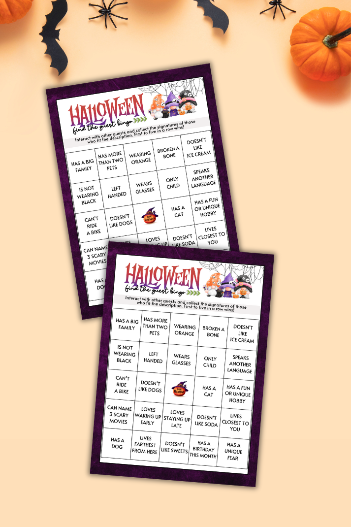 Encourage guests at your Halloween party to mix and mingle with this fun icebreaker, "Find The Guest BINGO," from Party Prints Press!&nbsp;

To play, give each guest a BINGO card and a pen or pencil. Allow the guests to go around the room, collecting the signatures of others who fit each description.